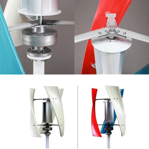 Vertical Wind Turbine Kit For Home Use With Controller 12V 24V 48V 3 Blade Wind Generator 3000W To 4500W White Durable PA66 Blade For Streetlight Hybrid Power System Off Grid Ready shown from different angles with close-ups on blades and generator components.