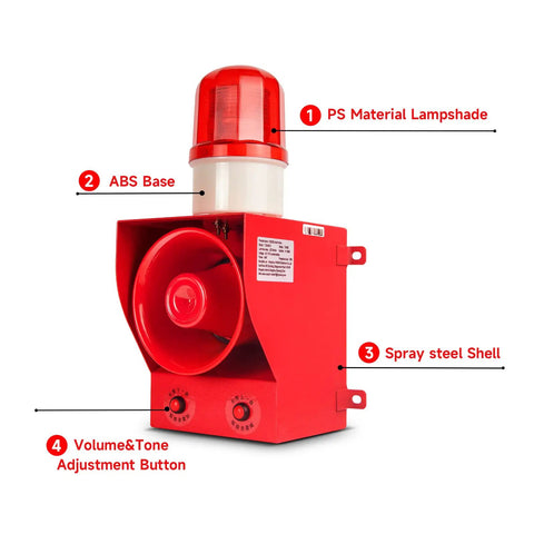 Hella Loud Industrial Alarm Siren With Adjustable Volume And 12 Custom Horn Tones For Factories, red alarm with volume and tone controls.