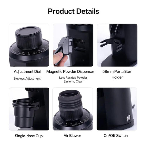 Premium Electric Single Dose Coffee Grinder With 63mm CNC Conical Burrs And Stepless Adjustment Anti Static Ground Collection Bin features adjustment dial and magnetic powder dispenser.