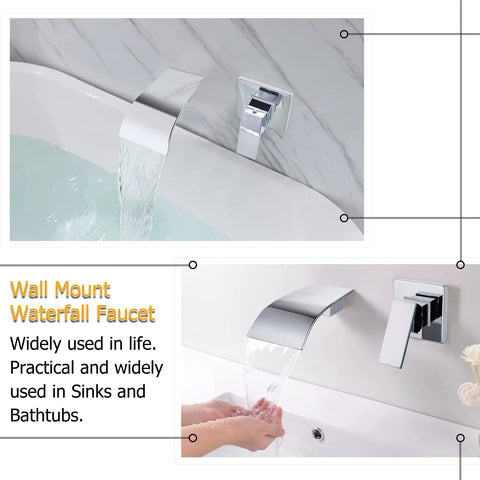 Waterfall Wall Mount Tub Faucet In Brass With Chrome Finish, Half Inch NPT connection in bathroom, water flowing.