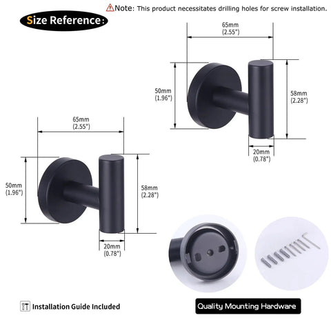 Rock Solid Stainless Steel Towel Hook Wall Mounted Two Pack Brushed Finish SUS 304 Rustproof Coat Rack for Bathroom size reference