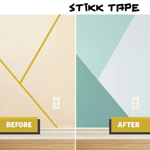 Painter Tape For Sharp Lines And Clean Edges 1 Inch By 60 Yards Yellow Masking Tape on wall showing before and after paint lines.