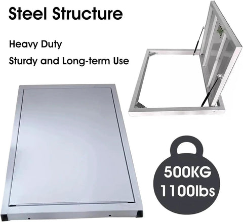 Straight Up Heavy Duty Steel Concealed Cellar Door With Smooth Hydraulic Glide And Ergonomic Handle For Effortless Floor Access showing steel structure with 1100lb capacity.