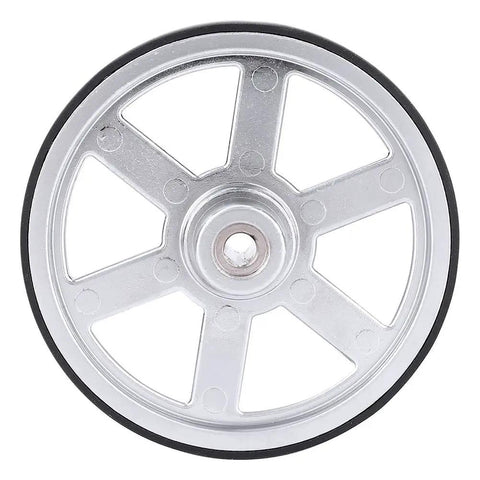 Top view of Beefy 90mm Industrial Robot Wheels with Built In D Type Steel Shaft Hub showing metal spokes and rubber tread.
