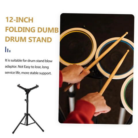 Heavy Duty Alloy Snare Drum Storage Rack And Portable Stand Support For Beginners Quick Lock Setup In Sleek Matte Black Finish, featuring a 12-inch folding dumb drum stand with drumsticks.