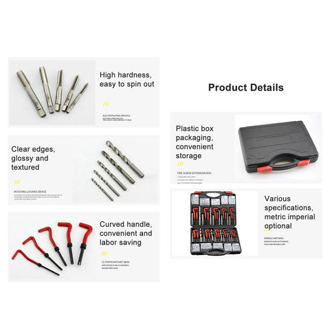 Heavy Duty Thread Repair Kit With Metric And Imperial Self-Tapping Inserts, Drill Bits, and Taps in plastic storage case