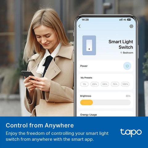 Smart Light Switch With Matter Compatibility, 3 Way 4 Way And Single Pole Lighting Control app interface on smartphone screen
