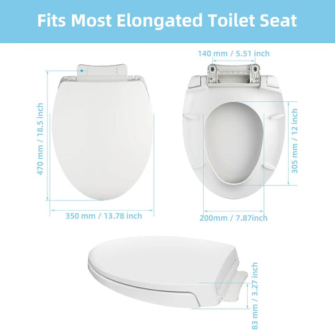 Knockout Quality Elongated Toilet Seat Replacement With Buttery Smooth Soft Close Lid that fits 18.5 inch bowls with measurements.