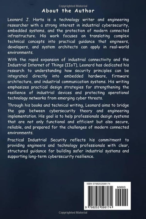 Book back cover in dark blue for PRACTICAL INDUSTRIAL SECURITY with author bio and barcode.