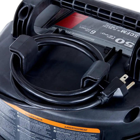 Power cord detail of Oil Free 6 Gallon Pancake Air Compressor with 150 PSI Max, Portable and Easy to Move, 2.6 CFM at 90 PSI, Made in USA