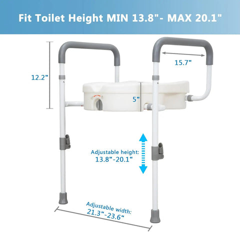 Super Steady Raised Toilet Seat With Secure Grab Bars And Anti Tip Legs Adds Five Inch Lift For Seniors, 5" height increase with adjustable legs.