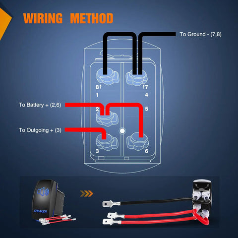 Wiring diagram with jumper wires for Lit Blue LED 5 Pin Rocker Switch SPST On Off With Jumper Wires Set Illuminated Rocker Button