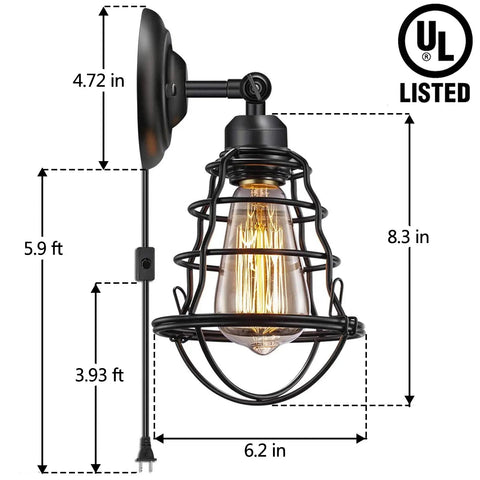 Industrial Plug In Wall Sconces Set Of 2 With 5.9 Foot Cord And On Off Switch, Wire Cage Vintage Rustic Wall Lighting, UL Listed