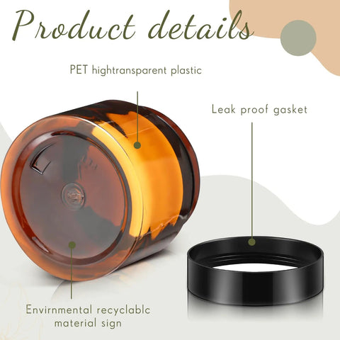 200 Piece 2 Oz Amber Plastic Cosmetic Jars Collection Round Travel Toiletry Containers With Secure Screw Top Lids showing transparent product details.