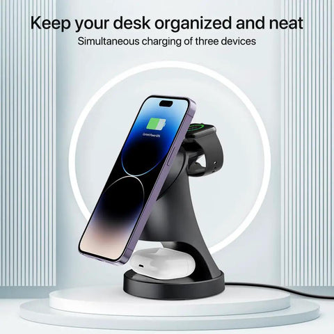 3-In-1 Wireless Charging Station For iPhone 17 16 15 14 13 12 Pro Max Plus Mini, AirPods 2 3 4 Pro, And Watch Ultra 11 10 9 8 7 SE MagSafe Charger Dock on desk