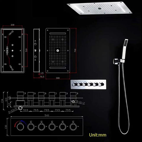Straight Up Ceiling Mount Rainfall Shower System With Rock Steady Thermostatic Control dimensions and components diagram.