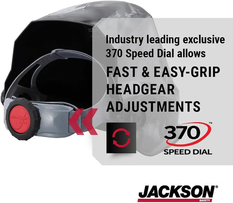 Side view of Pro Grade Graphic Auto Darkening Welding Helmet With Digital ADF, ergonomic adjustment dial, ANSI Z87.1 certified
