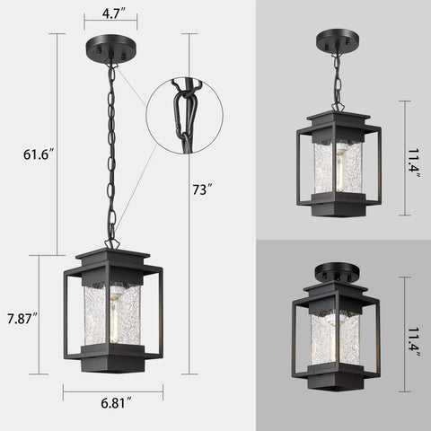 Outdoor Indoor Pendant Light For Front Porch And Entryway, 11.4 Inch Dope Modern Exterior Ceiling Chandelier; dimensions and specs shown