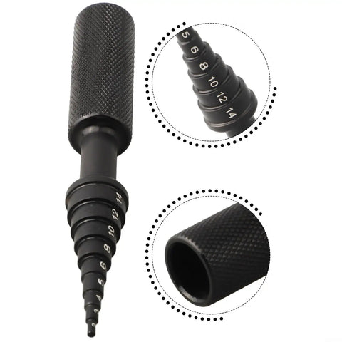 Thinking Process: black aluminum blind hole collet bearing extractor tool, 2mm to 14mm sizes, close-up views