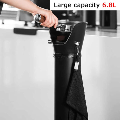 Top Shelf 6.8 Liter Espresso Knock Box Coffee Grounds Bucket With Quiet Rubber Arm Removable Lid Heavy Duty Frame, black knock box in use.