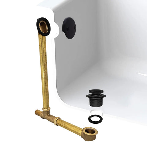 No Fuss Above Floor Bathtub Overflow Drain Kit With Tip Toe Drain Valve And Two Hole Cover Matte Black, brass plumbing components in a bathtub.