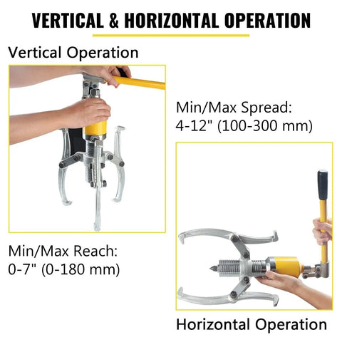 Heavy Hitter Hydraulic Gear Puller Wheel Bearing Hub Removal Kit showing both vertical and horizontal operations with adjustable jaws.