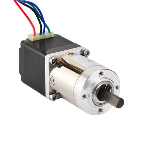 Front-angle view: Nema 11 geared stepper motor with 27:1 planetary gearbox; black motor housing, silver gearhead, multi-color wires.