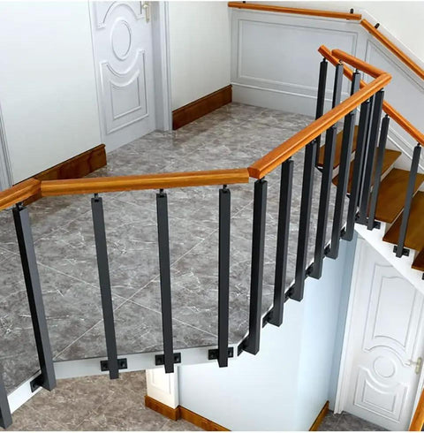 Tough As Nails Side Mount Banister Posts Black Metal Deck Railing Spindles with heavy duty brackets on a staircase.