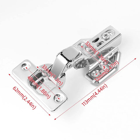 4 Piece Stainless Steel Soft Closing Cabinet Door Hinges With Hydraulic Shock Absorbers dimensions shown, rust resistant hardware.
