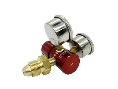 Red Anodized Aluminum Argon Regulator With 0 To 400 PSI Range High Flow 45 CFM Lightweight One Quarter Inch FNPT Outlet Dual Chrome Gauges