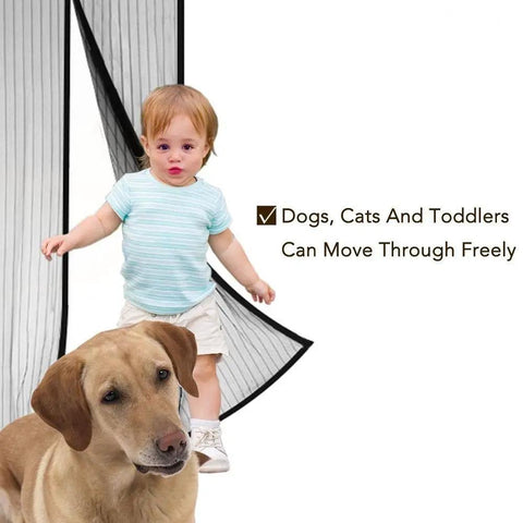 Toddler and dog walking through Magnetic Screen Door With Full Frame Velcro Auto Close 26 Strong Magnets Fits Doors Up To 36 By 98 Inches