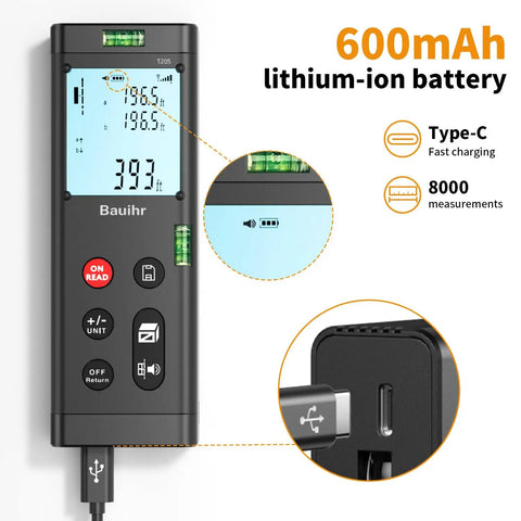 Dual Laser Distance Meter Workhorse With 393 Foot Range Aluminum Body Rechargeable Battery Real Time Measurements Every Half Second All In One Tool For Measuring Area Volume And Angles With 3mm Precision Class II Laser, front view