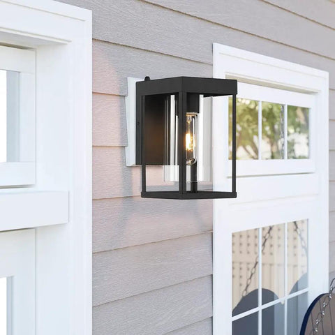 2 Pack Black Outdoor Wall Light Fixtures Dusk To Dawn Exterior Lantern Sconce 9 Inch Height Porch Light Wall Mount Clear Glass Shade