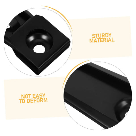 Close-up of heavy duty black steel sofa stabilizer bracket, sturdy design, part of a four pack for couch repair.
