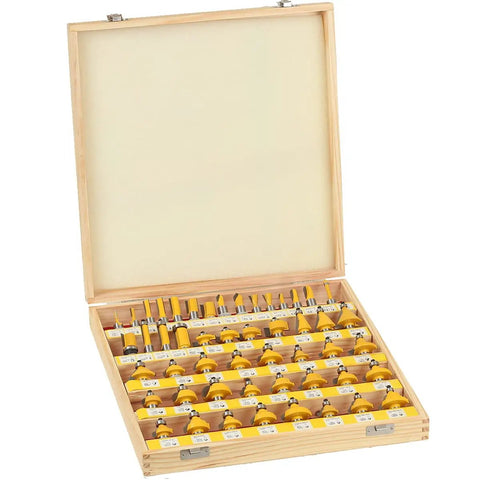 50 Piece Router Bit Set With 1/4 Inch Shank For Edge Profiles And General Routing, displayed in a wooden storage case