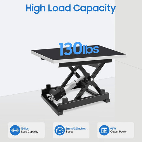 Top Shelf Electric Scissor Lift Table With Remote Control Height Adjustable Platform Up To Sixteen Inches showing 130 lbs load capacity.