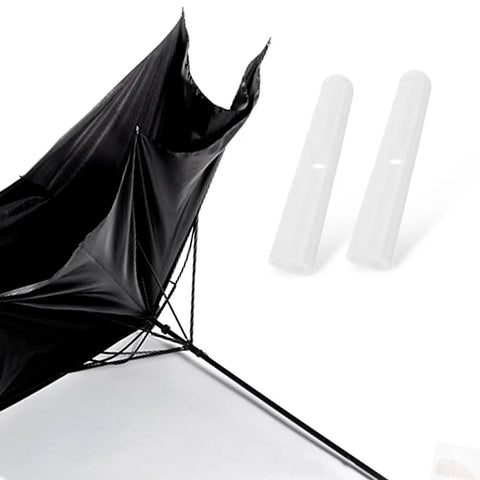 Top Shelf Folding Umbrella Repair Kit With Durable White Plastic Tail Beads And Quick Setup Design For Hassle Free Bone Coverage And Game Changing Weather Defense Slick Replacement Caps showing black umbrella with white caps.