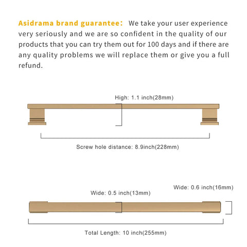 Diagram of 10 Pack 9 Inch Champagne Bronze Cabinet Handles Brushed Brass Kitchen Cabinet Pulls For Cupboards And Drawers 228mm Hole Centers showcasing dimensions.
