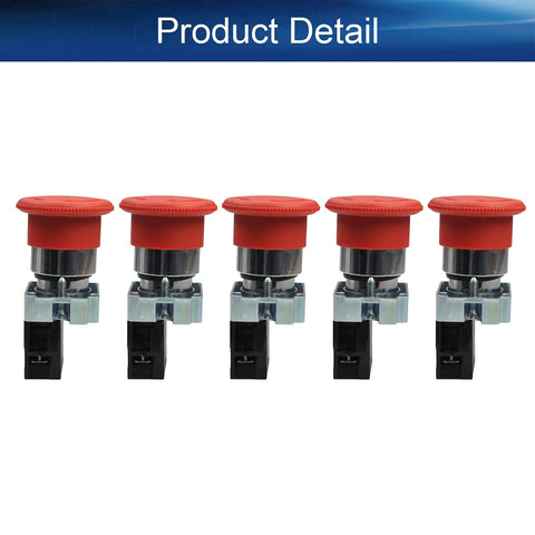 Heavy Duty 22mm Red Mushroom Emergency Stop Push Button Switch With Panel Mount Base For Machinery 660V 10A 1NC Self Locking Rotary Reset Industrial Panel Button For Safe Quick Stop, pack of 5