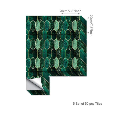 Holographic Emerald Art Deco Peel And Stick Backsplash Tiles Self Adhesive PVC Wall Tiles shown with hex pattern