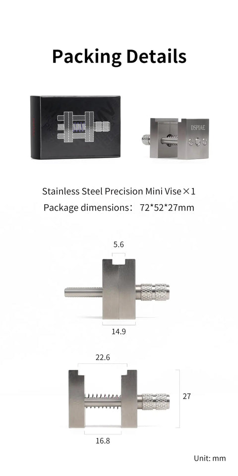 Packing details of Mini Precision Vise For Hobby And Model Making, Stainless Steel Bench Clamp Hand Tool Built To Last, The Real Workhorse For Precise, Clean Detail Work In Your Shop, 72x52x27mm box and dimensions
