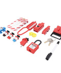 All In One Electrical Lockout Tagout Kit With 8 Locks And 6 Hole Hasp, Nylon PA Circuit Breaker Lockout Devices, padlock, keys, and tags.
