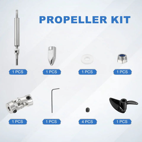Drive Shaft With Propeller Universal Joint For RC Boat 100mm Shaft 50mm Sleeve 36mm Stainless Steel Pro Grade 2 Bladed Propeller Fits 3mm Motor Shaft RC Boat Coupler Assembly Kit components displayed.