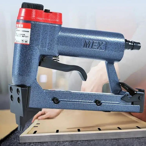Beefy Pneumatic Picture Frame Nail Gun And Portable Air Stapler For Photo Mirror Framing Heavy Duty Handheld Pin Nailer with trigger and base view.