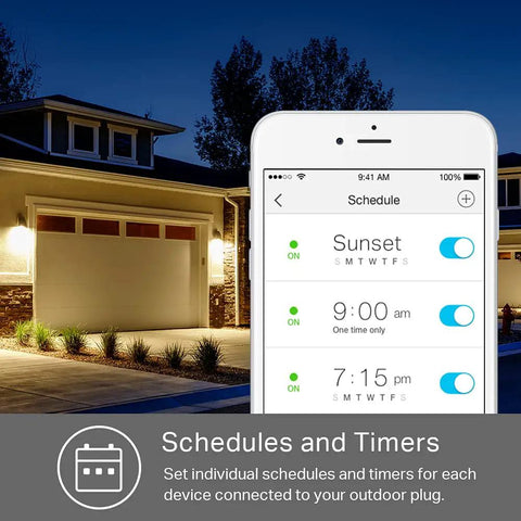 Outdoor Smart Plug With IP64 Weatherproof Protection, 15A 1875W Max Load, Works With Alexa Google Home schedule display