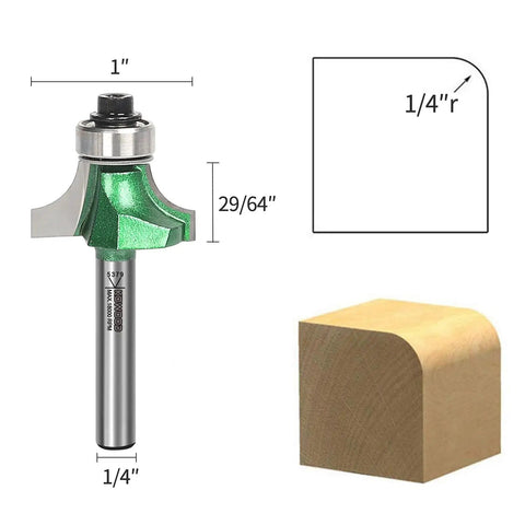 1/4" roundover bit from Pro Roundover Router Bit Set Four Piece With One Quarter Inch Shank Radii One Eighth, Three Sixteenths, One Quarter, Five Sixteenths Heavy Duty C3 Carbide Built For Woodworking Enthusiasts And Pros