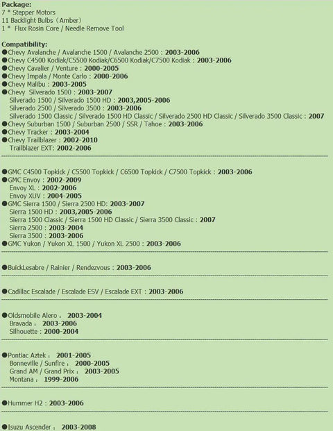 Compatibility list for Instrument Cluster Stepper Motor Repair Kit X27 168, includes Chevy, GMC, Cadillac models.