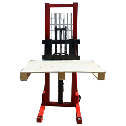 The Real Deal Manual Pallet Lifter With A Hefty 1 Ton 2204 Lbs Capacity And A Snappy 63 Inch Lift Height Single Sided Hydraulic Hand Pallet Truck shown from the front with lifting platform.
