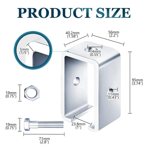 Heavy Duty Channel Trolley Track Hanger Brackets For Unistrut Strut System With 3/8 Inch Bolts And 1200 Lb Load Rating Four Pack product size illustration.