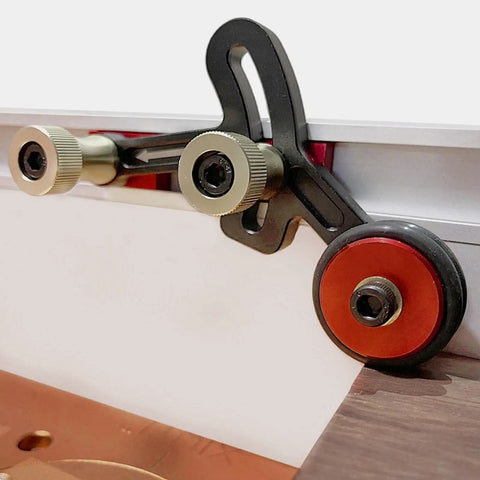 Close-up of shockproof aluminum roller on Buttery Smooth Glide No Sweat Setup Rock Solid Precision Tracking Table Saw Stock Guides.